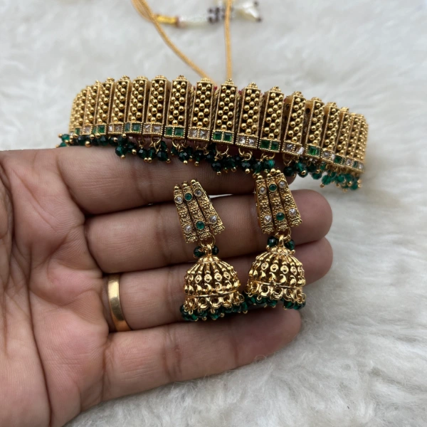 Green Long Pattern Rajwadi Gold Plated Necklace3